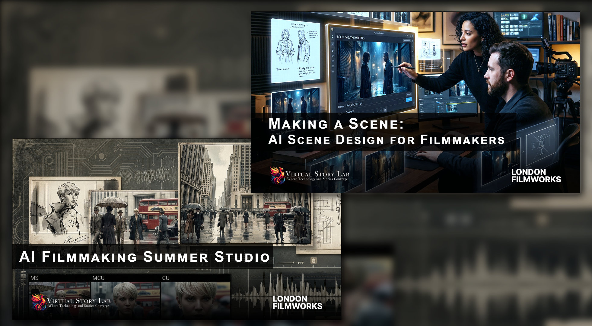 Collage promoting the new 2026 AI filmmaking courses from Virtual Story Lab and London Filmworks