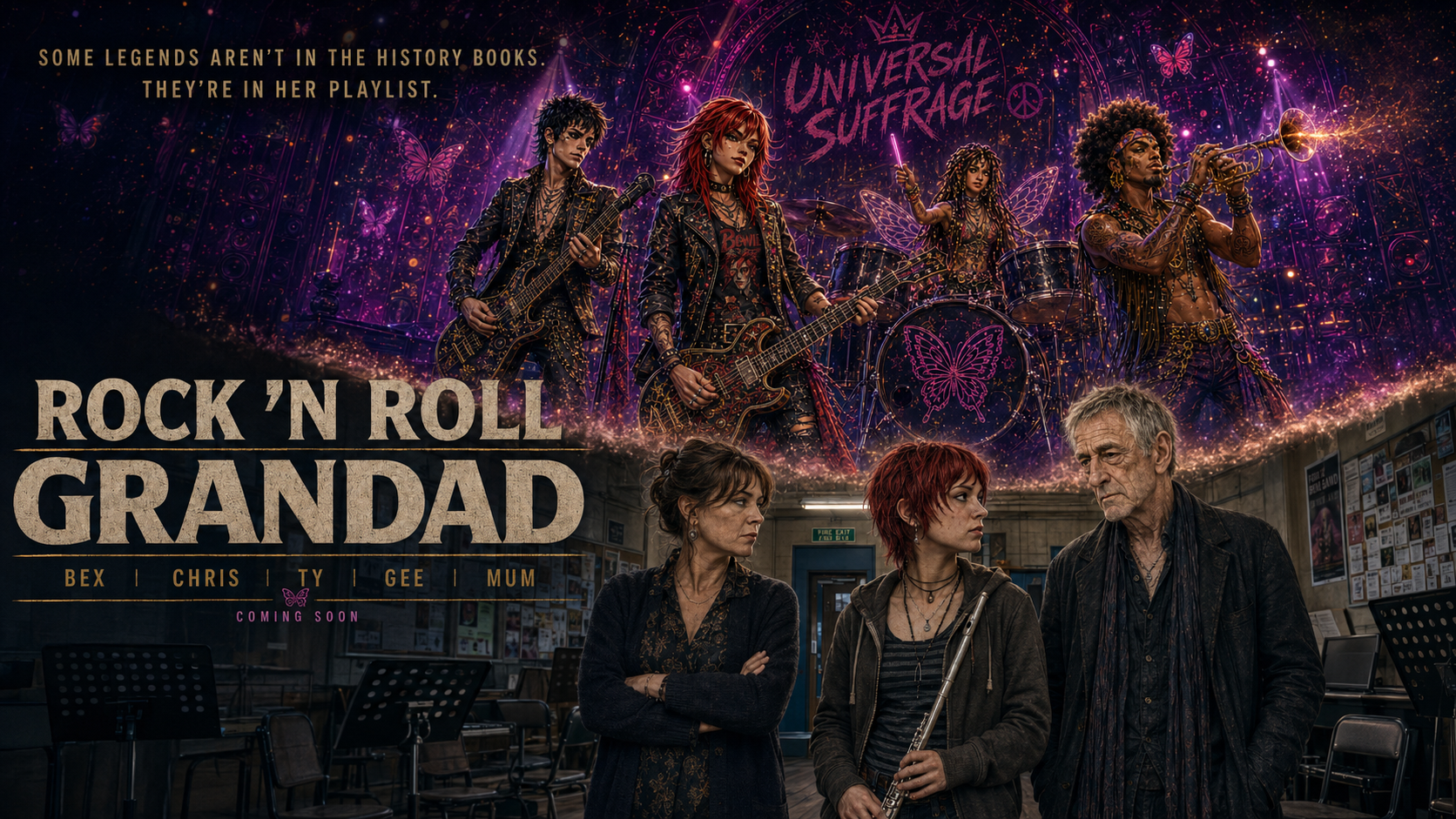 Rock ’n Roll Grandad poster showing Bex and Gerald beneath a performance by Universal Suffrage.